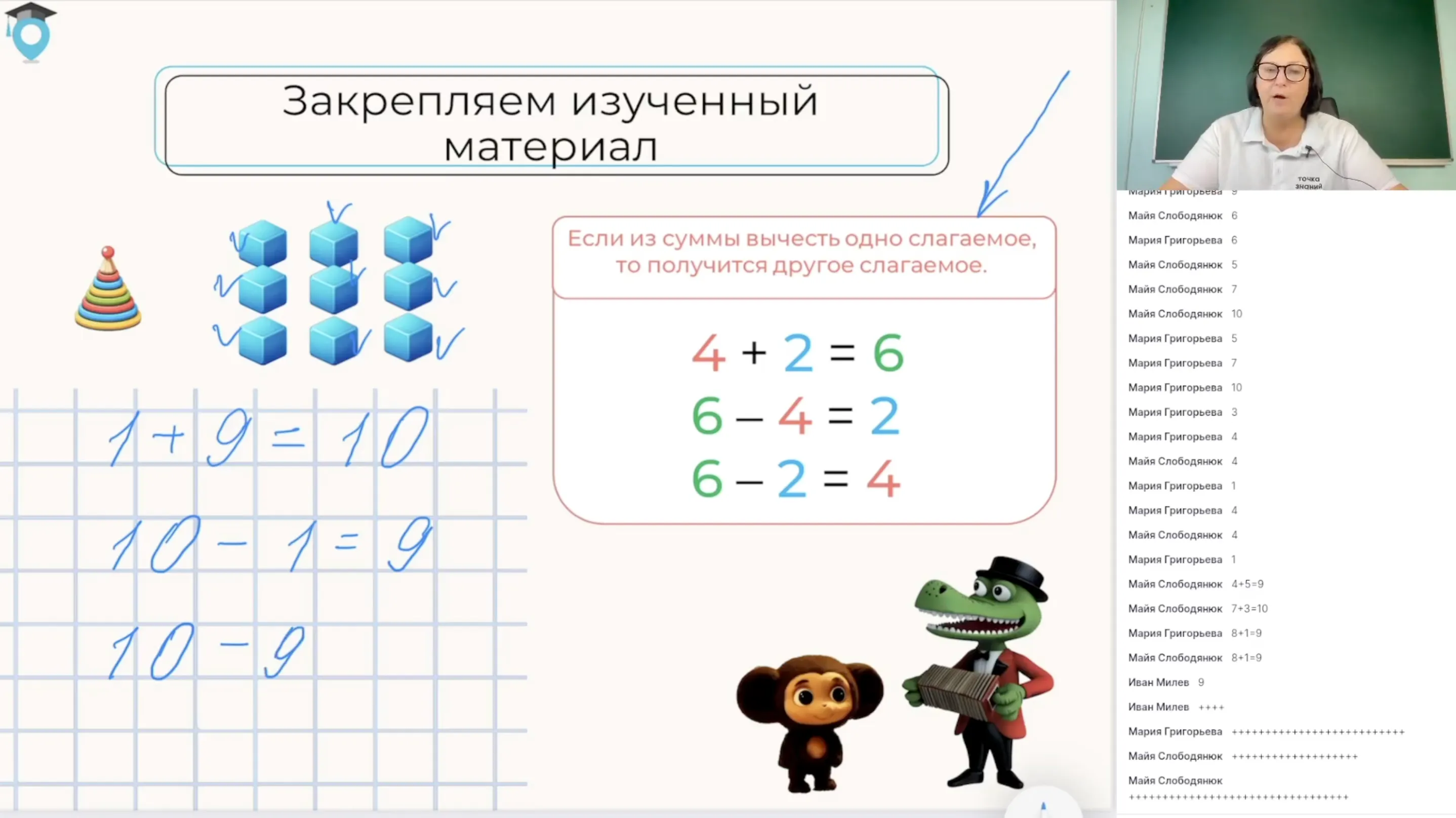 Названия компонентов  действий, результатов действия сложения. Связь между суммой и слагаемыми